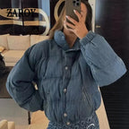 Women's Denim-Look Puffer Jacket with Stand Collar