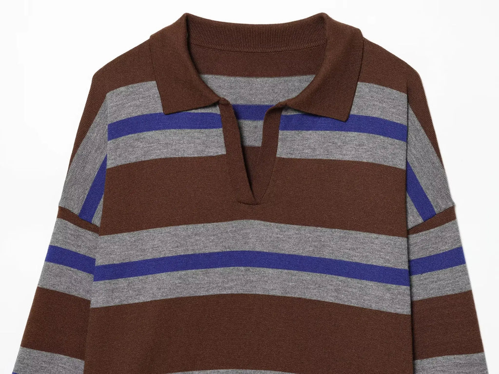 Women's Striped Polo Sweater Casual Long Sleeve Loose Pullover