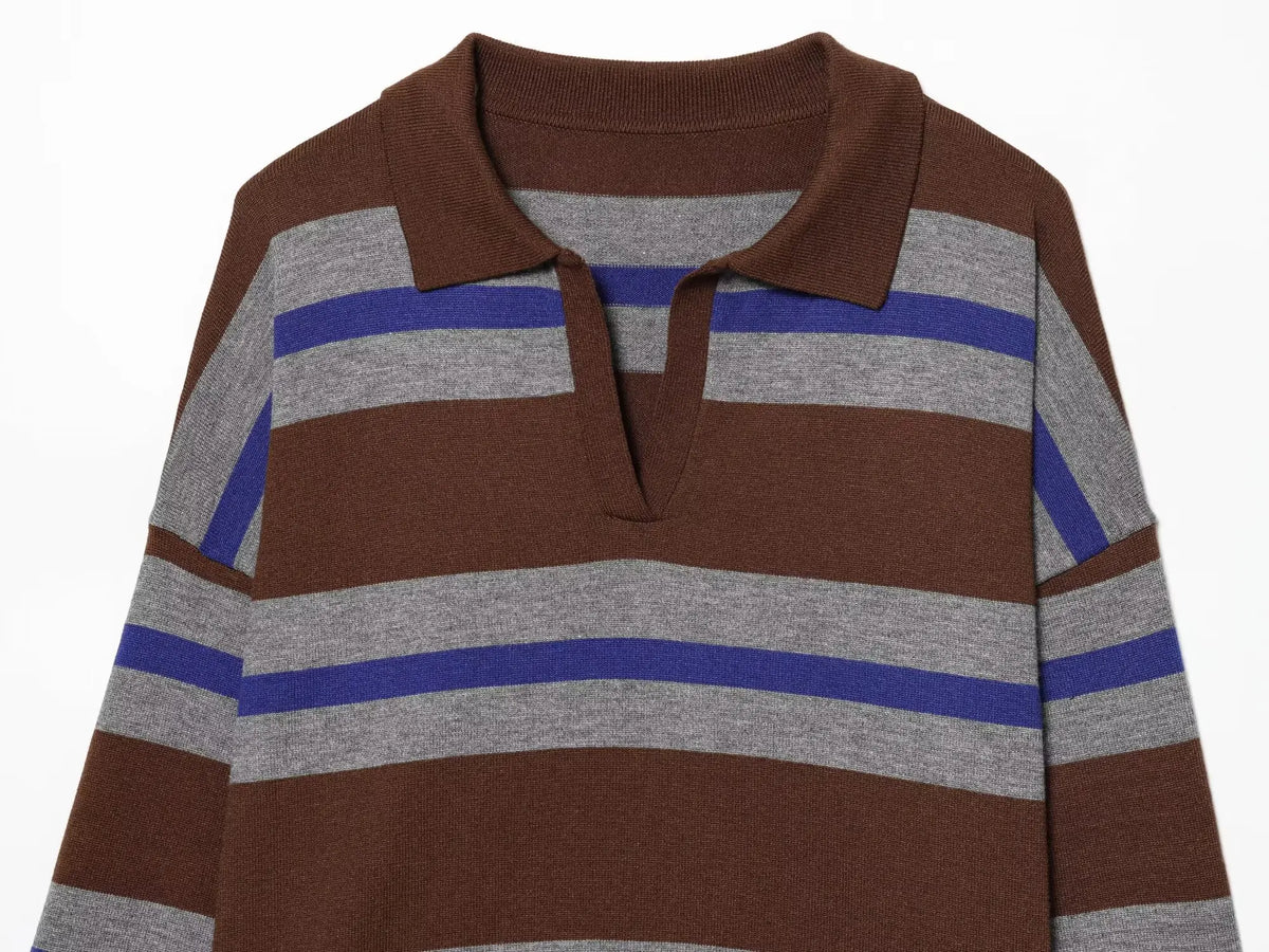 Women's Striped Polo Sweater Casual Long Sleeve Loose Pullover