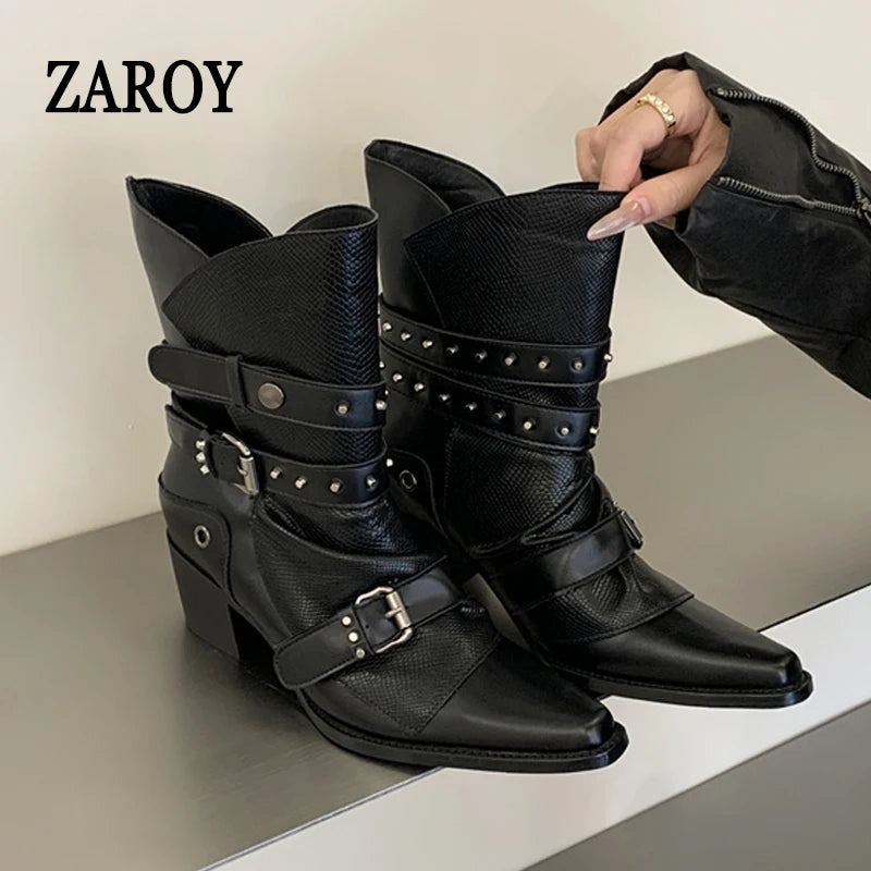 Women's Black Buckle Ankle Boots with Block Heels