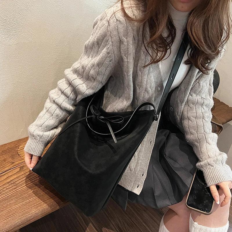 Suede Retro Shoulder Bag Women Tie Soft Hobo Crossbody Handbags Solid Purses