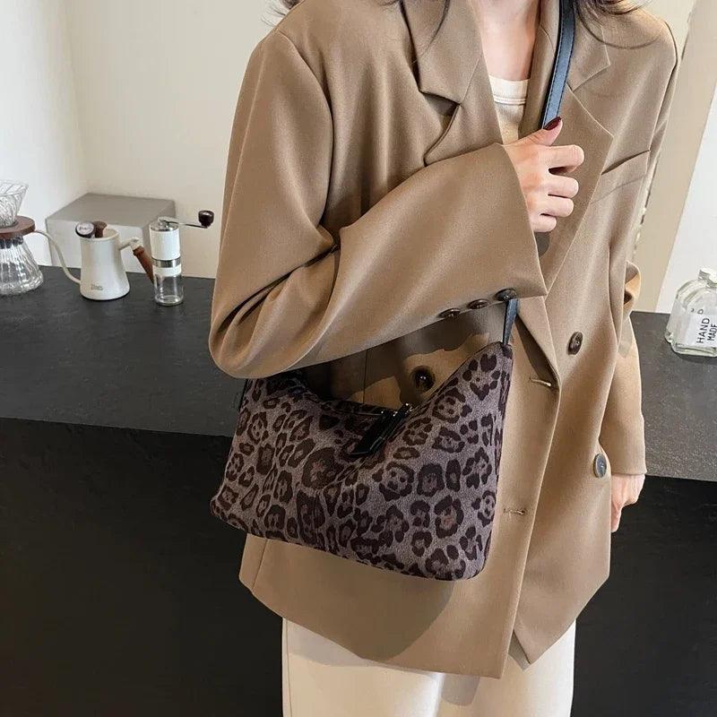 Suede Leopard Shoulder Bags Women Zipper Medium Soft Purse with Adjustable Strap