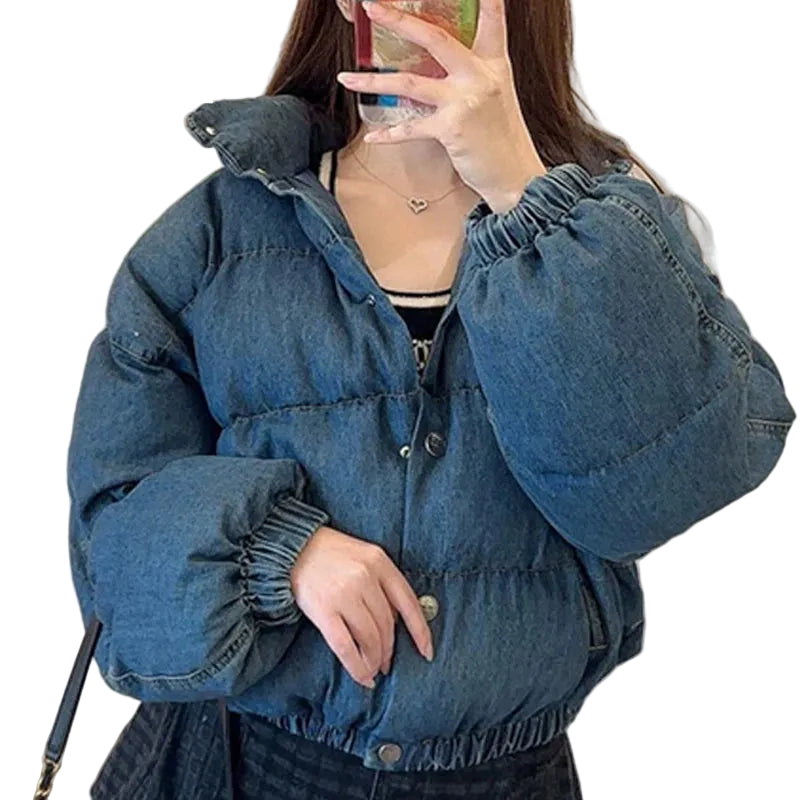 Women's Denim-Look Puffer Jacket with Stand Collar
