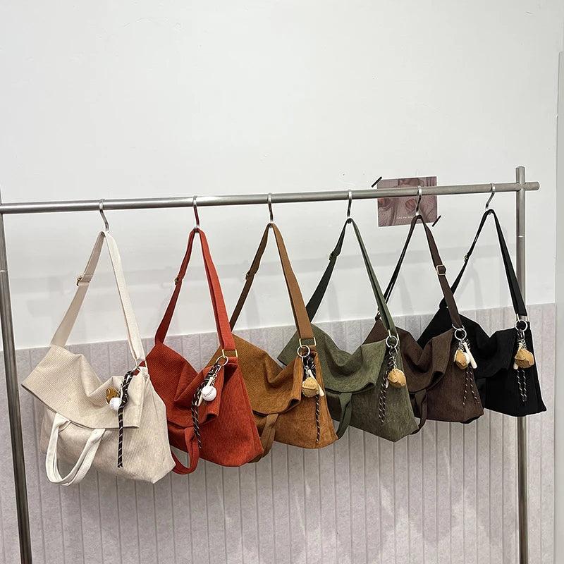 Large Corduroy Handbags Flap Folding Soft Fabric Snap Women Crossbody Purses