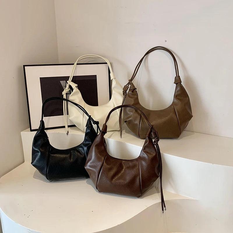 Large Leather Crescent Shoulder Bags Women Soft Zipper String Strap Handbags