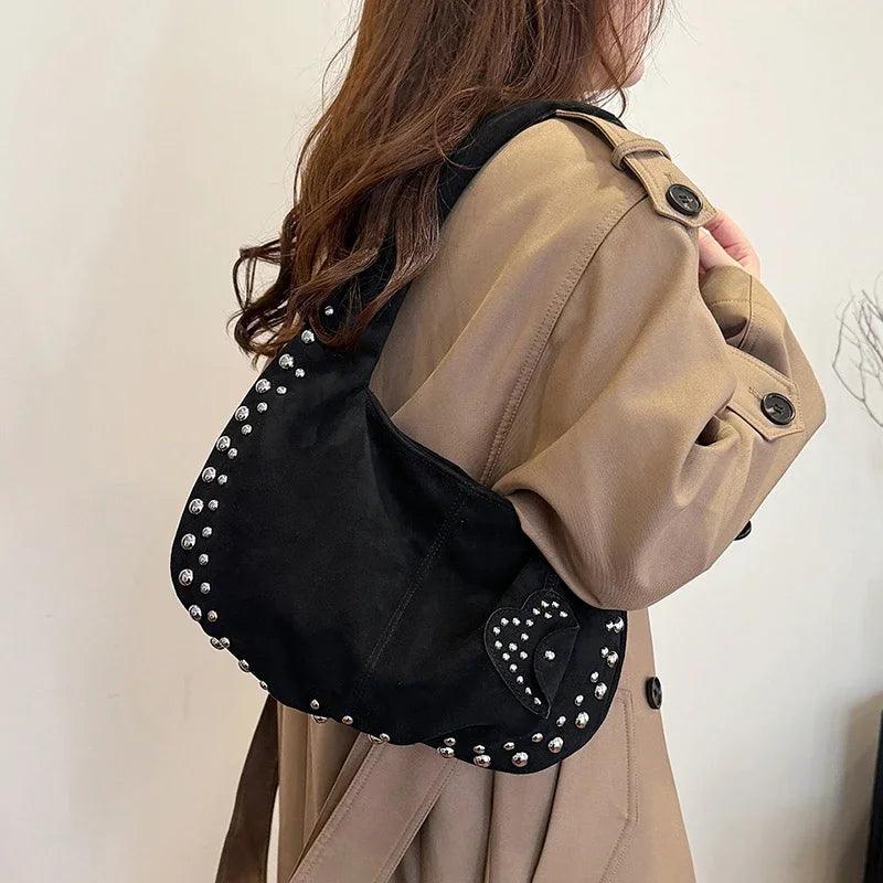 Suede Retro Rivets Design Shoulder Bag Women Snap Large Handbags Soft Tote Bags