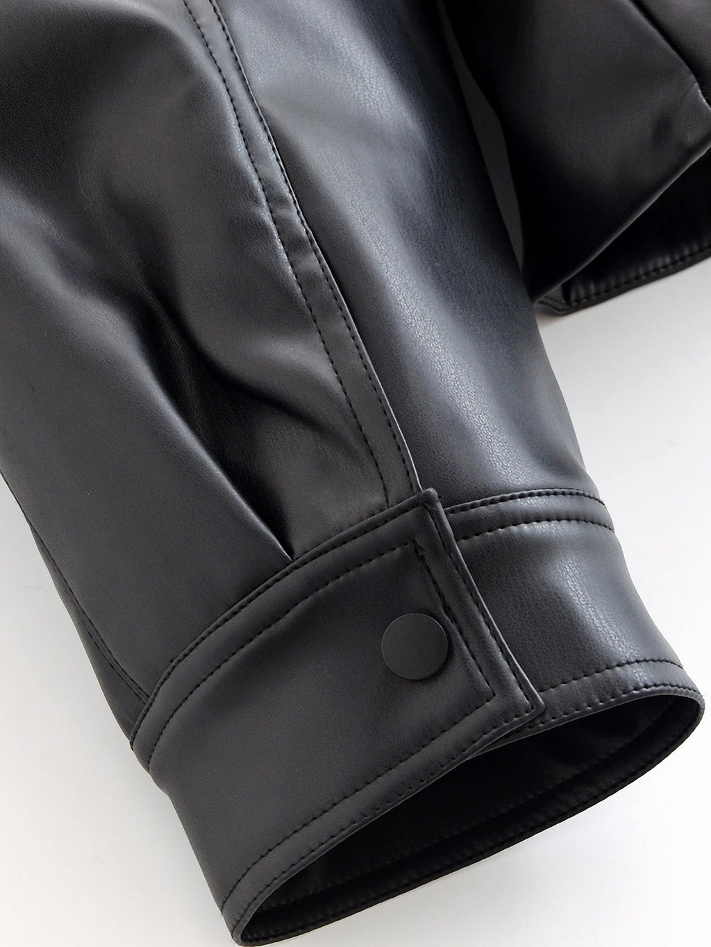Women's Jacket Vintage Faux Leather Belted Turn-Down Lapel Full-Zip Full-Sleeve Short Motorcycle Coat