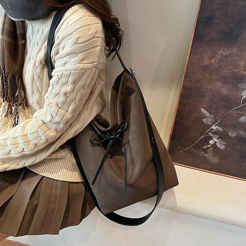 Suede Retro Shoulder Bag Women Tie Soft Hobo Crossbody Handbags Solid Purses