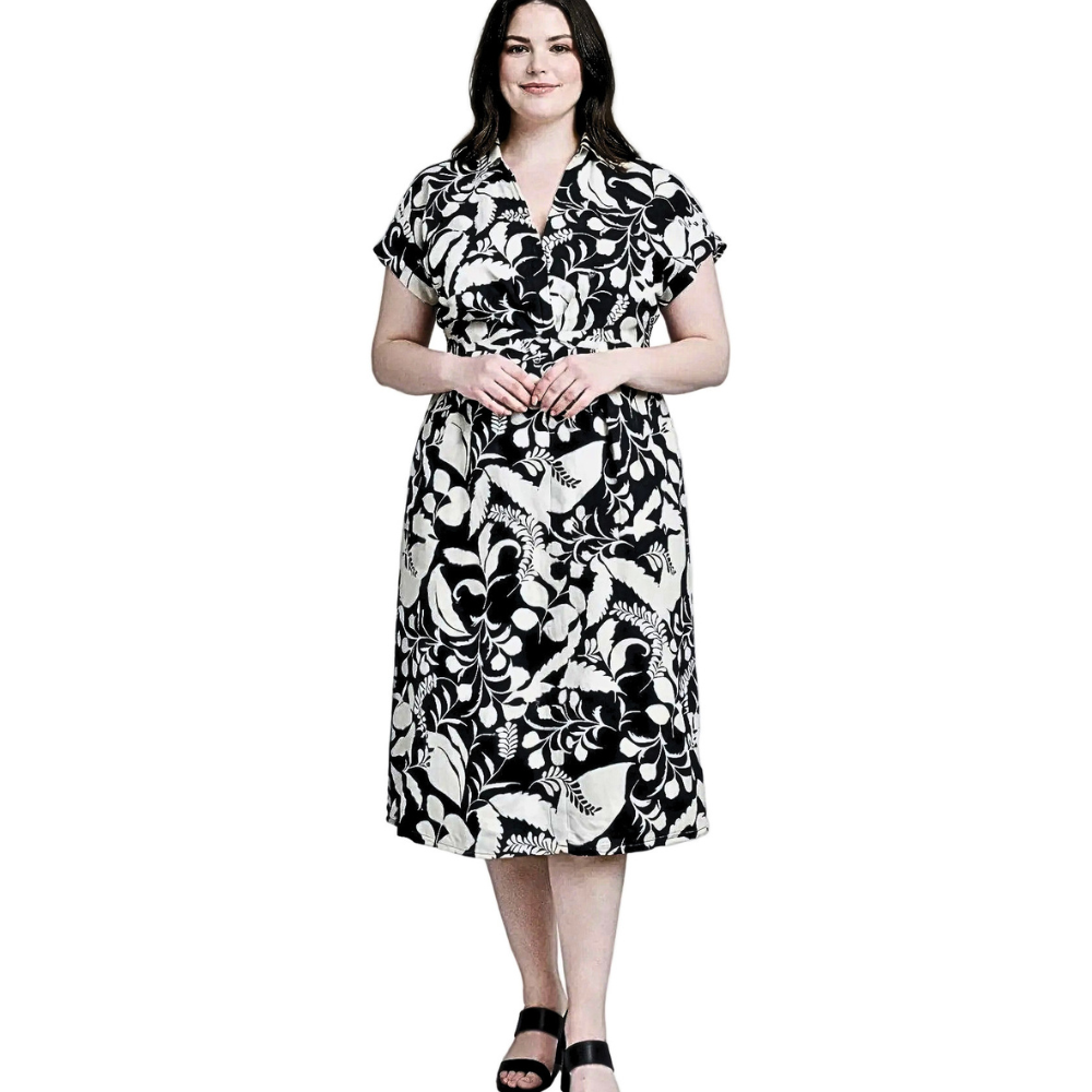 SEAQUA Plus Size Midi Dress Floral Print Wrap Tie V-Neck Collar Short Sleeve