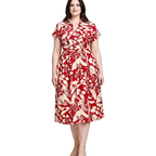 SEAQUA Plus Size Midi Dress Floral Print Wrap Tie V-Neck Collar Short Sleeve