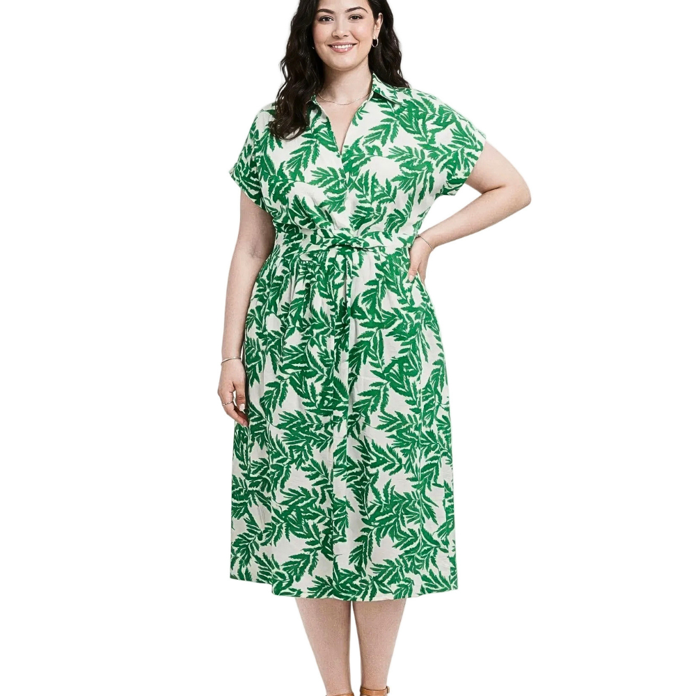 SEAQUA Plus Size Midi Dress Floral V-Neck Collared Wrap Waist Short Sleeve