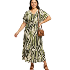 SEAQUA Plus Size Midi Dress Zebra Colroful Print V-Neck Smocked Waist Ruffled