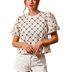 SO ME Bow Texture Blouse Woven Ivory Round Neck Balloon Short Sleeve Top