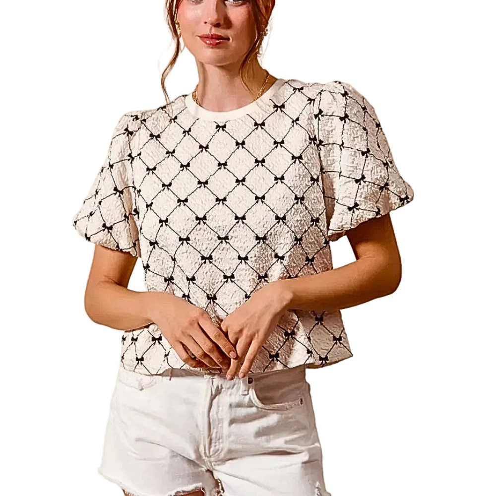 SO ME Bow Texture Blouse Woven Ivory Round Neck Balloon Short Sleeve Top