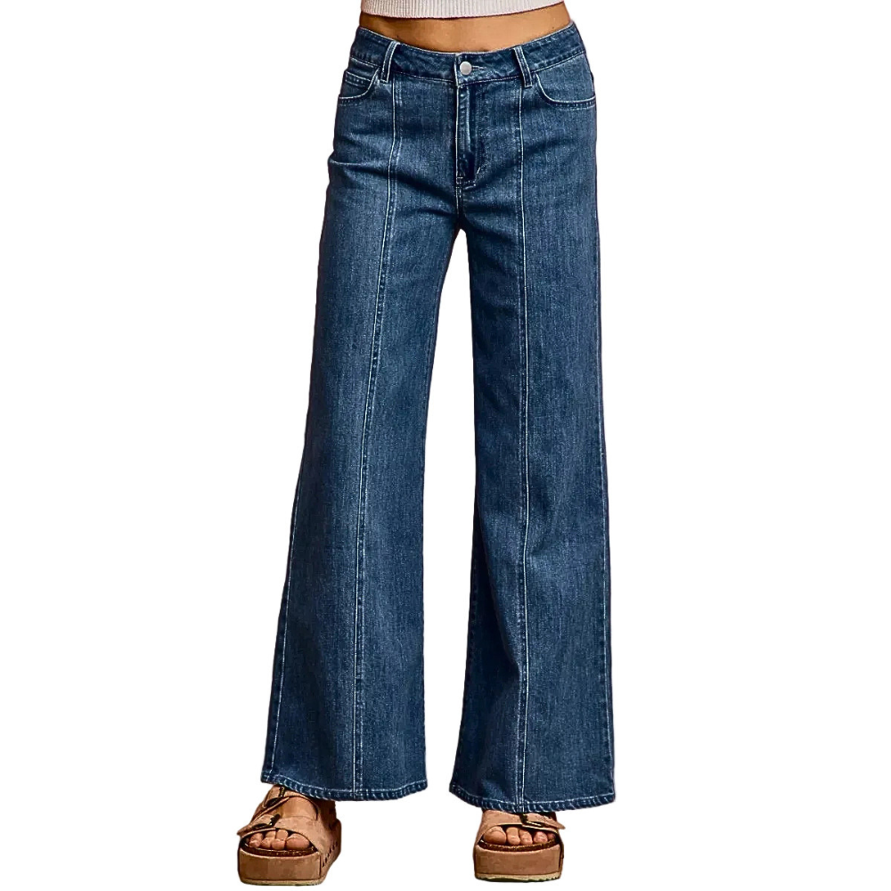 SO ME Casual Denim Jeans Wide Leg Seam Front Mid Rise Stretch Trousers