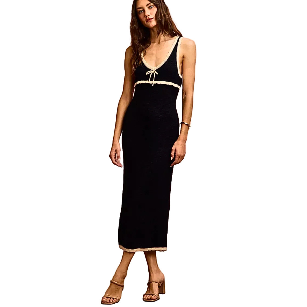 SO ME Cotton Knit Midi Dress Black V-Neck Trim Sleeveless Bodycon Slim