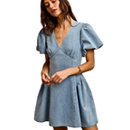 SO ME Denim Dress V-Neck Light Blue Casual Mini Short Baloon Sleeves