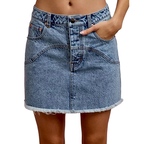 SO ME Denim Mini Skirt Floral Back Pockets Washed Raw Hem Casual Jean Skirts