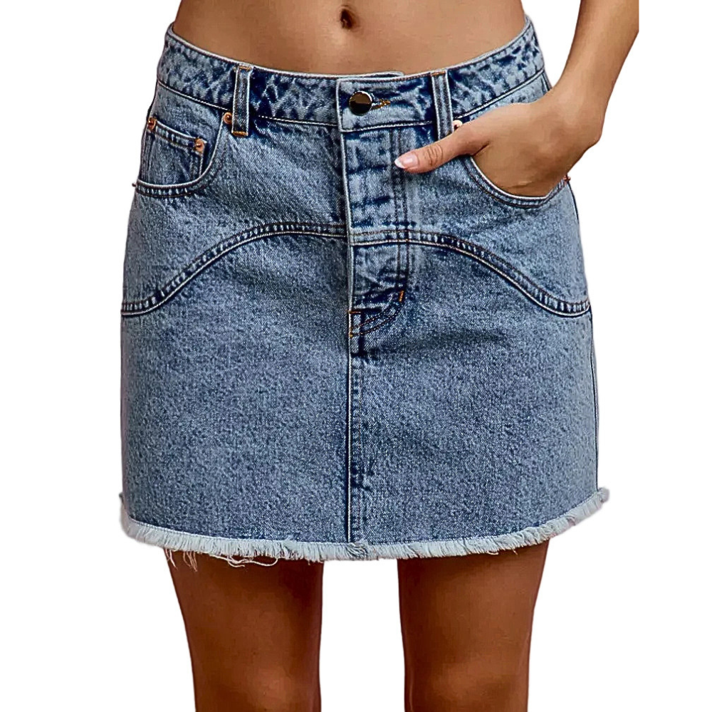 SO ME Denim Mini Skirt Floral Back Pockets Washed Raw Hem Casual Jean Skirts