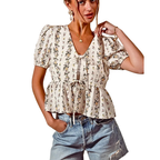 SO ME Floral Top V-Neck Front Bow Tied Rufle Short Balloon Sleeve Blouse