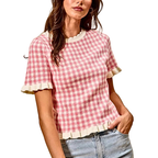 SO ME Knit Top Checkered Pink Gingham Ruffled Short Sleeves Casual Blouse