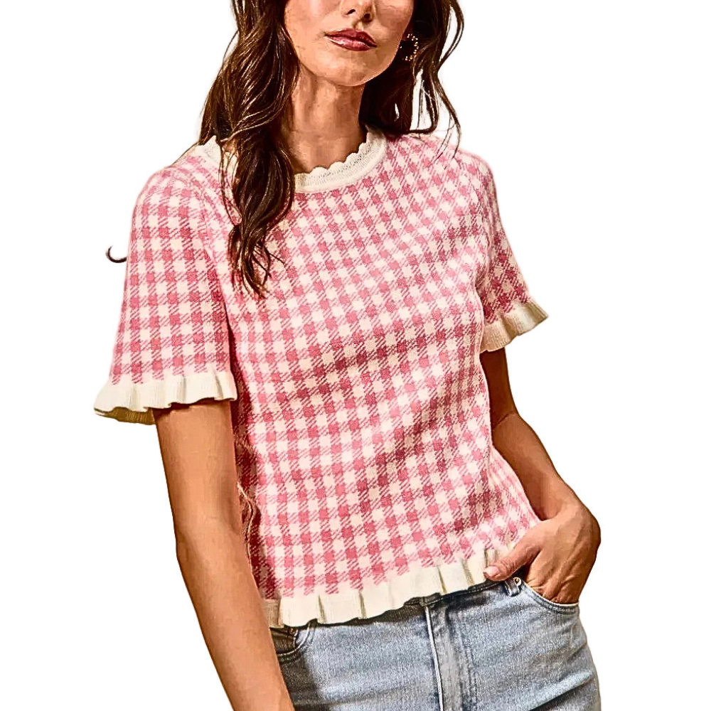SO ME Knit Top Checkered Pink Gingham Ruffled Short Sleeves Casual Blouse
