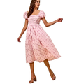 SO ME Midi Dress Polka Dot Cotton Pink Pleated Bust Ruffle Short Sleeves