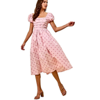 SO ME Midi Dress Polka Dot Cotton Pink Pleated Bust Ruffle Short Sleeves