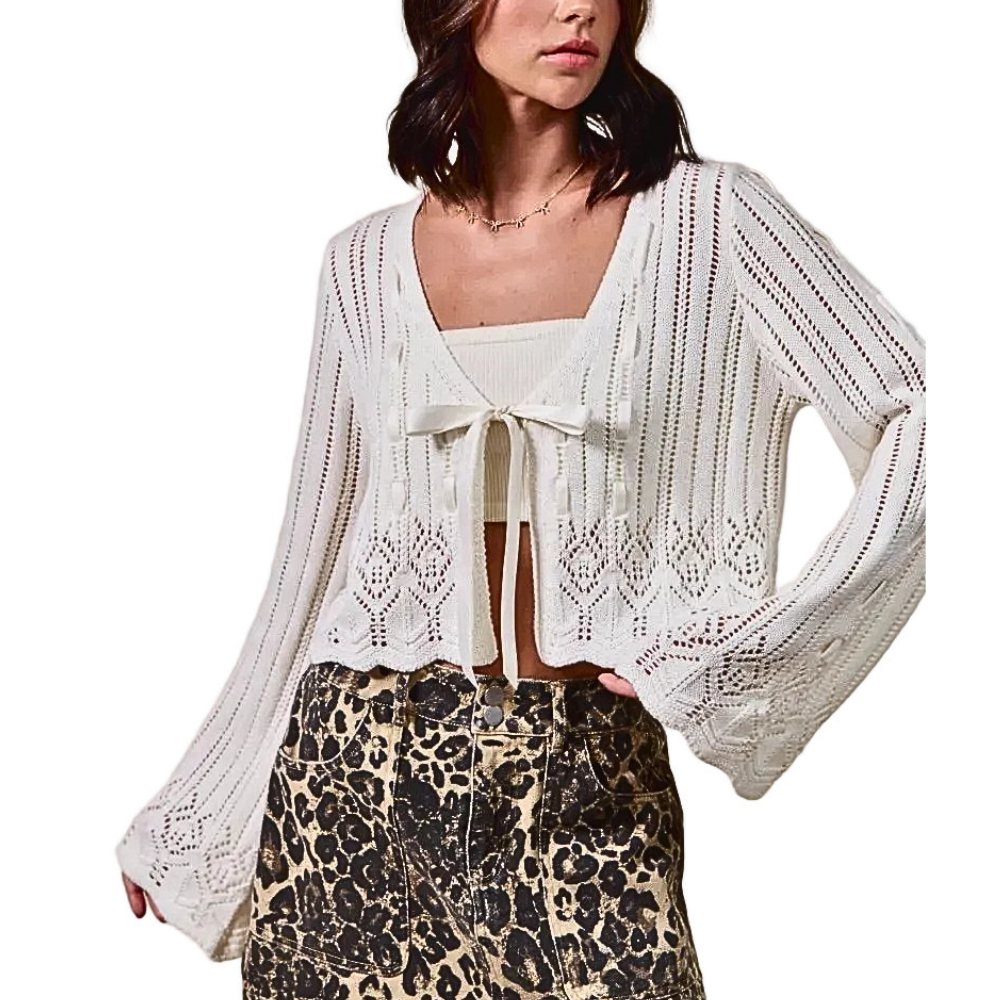 SO ME Off White Textured Cardigan V-Neck Tied Floral Long Sleeve Lightweight