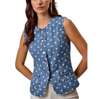 SO ME Polka Dot Jeans Weste Ärmellos Rundhals Knopf Wellensaum