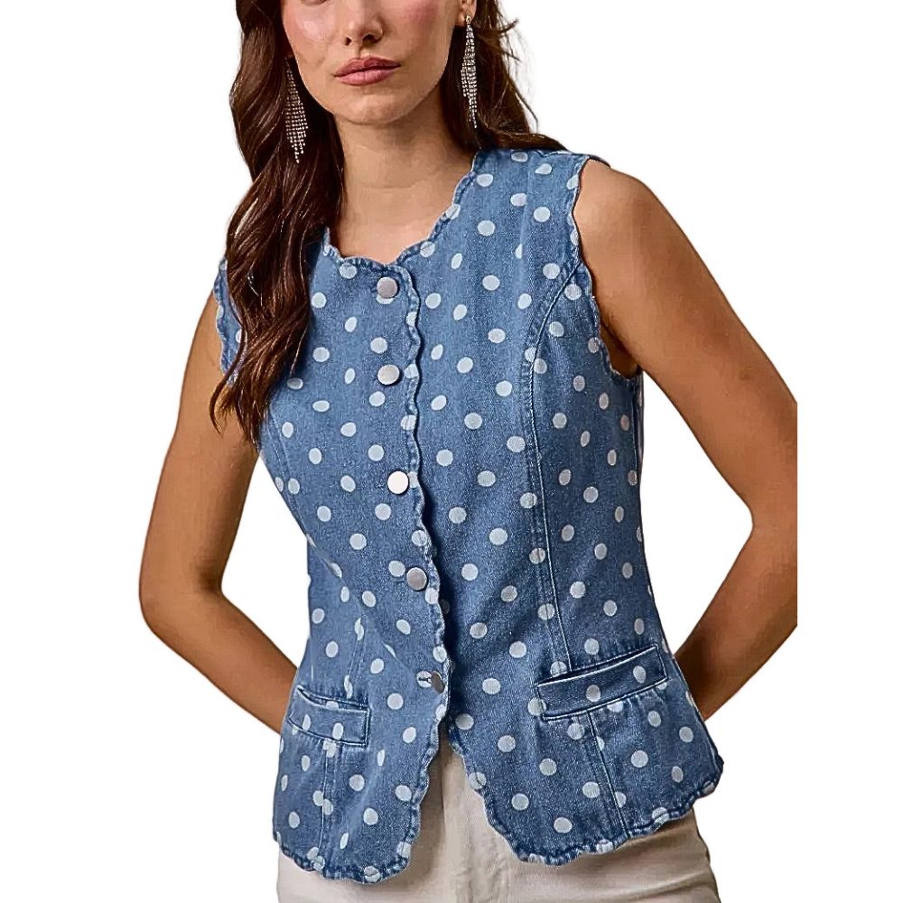 SO ME Polka Dot Denim Vest Top Sleeveless Round Neck Button Scallop Edge