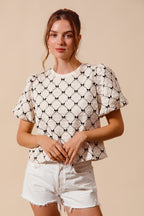 SO ME Bow Texture Blouse Woven Ivory Round Neck Balloon Short Sleeve Top