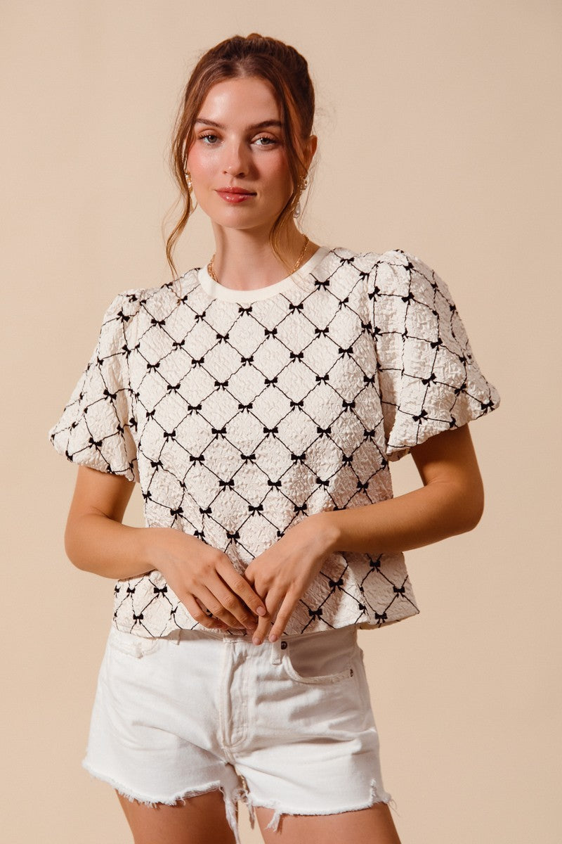 SO ME Bow Texture Blouse Woven Ivory Round Neck Balloon Short Sleeve Top