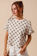 SO ME Bow Texture Blouse Woven Ivory Round Neck Balloon Short Sleeve Top