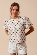SO ME Bow Texture Blouse Woven Ivory Round Neck Balloon Short Sleeve Top