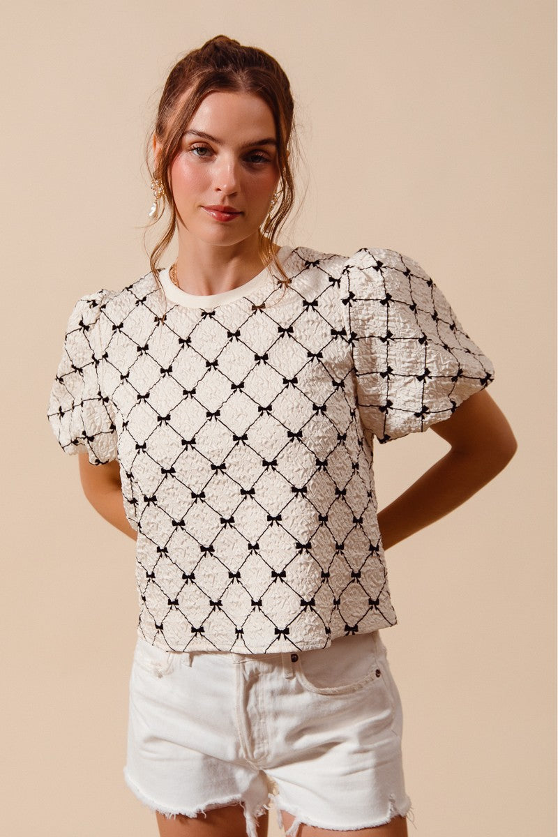 SO ME Bow Texture Blouse Woven Ivory Round Neck Balloon Short Sleeve Top