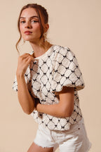 SO ME Bow Texture Blouse Woven Ivory Round Neck Balloon Short Sleeve Top