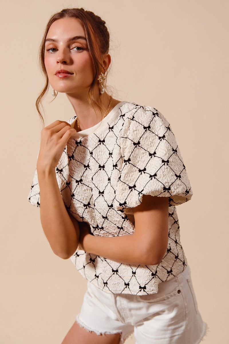 SO ME Bow Texture Blouse Woven Ivory Round Neck Balloon Short Sleeve Top
