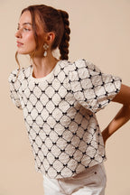 SO ME Bow Texture Blouse Woven Ivory Round Neck Balloon Short Sleeve Top