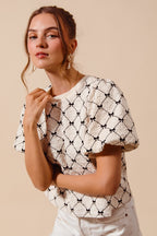 SO ME Bow Texture Blouse Woven Ivory Round Neck Balloon Short Sleeve Top