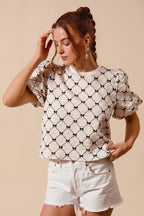SO ME Bow Texture Blouse Woven Ivory Round Neck Balloon Short Sleeve Top