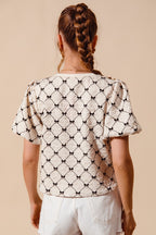 SO ME Bow Texture Blouse Woven Ivory Round Neck Balloon Short Sleeve Top