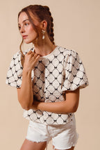 SO ME Bow Texture Blouse Woven Ivory Round Neck Balloon Short Sleeve Top