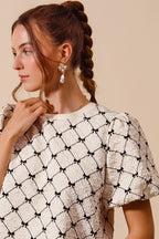 SO ME Bow Texture Blouse Woven Ivory Round Neck Balloon Short Sleeve Top