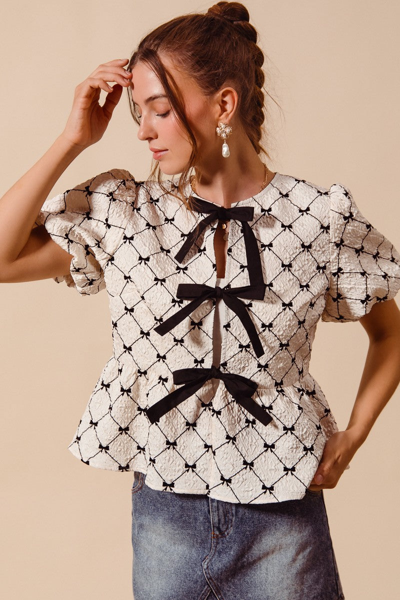 SO ME Texture Woven Top Bow Peplum Elegant Puff Short Sleeve Ivory Black