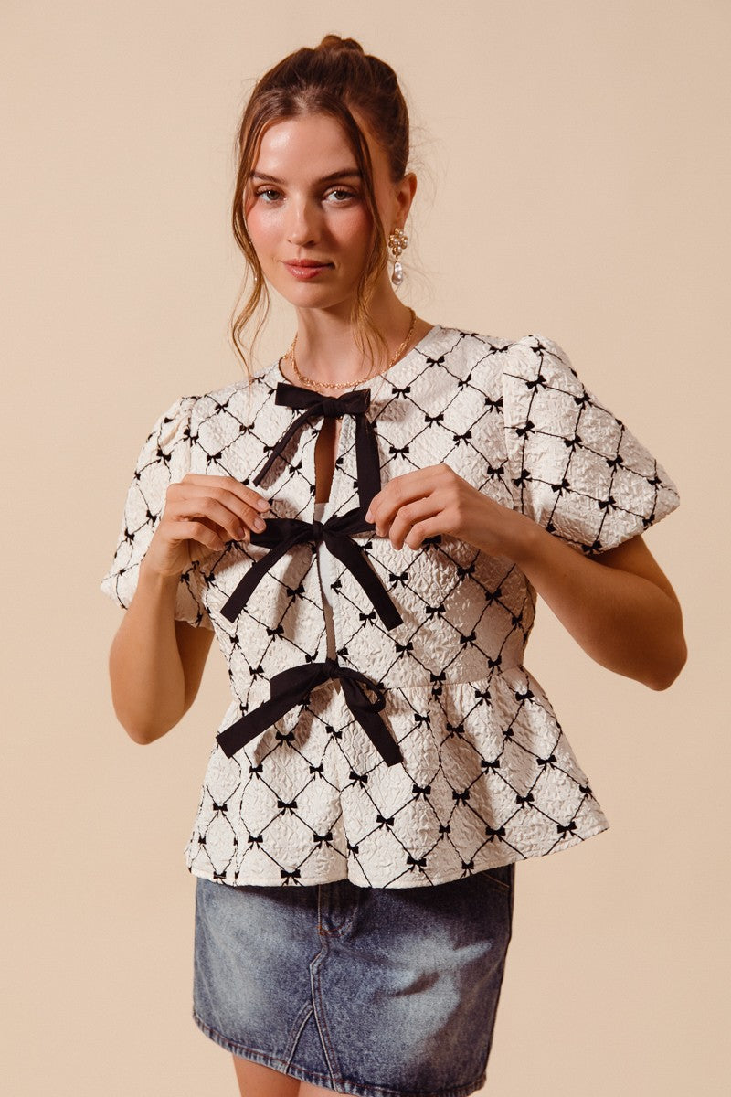 SO ME Texture Woven Top Bow Peplum Elegant Puff Short Sleeve Ivory Black