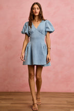 SO ME Denim Dress V-Neck Light Blue Casual Mini Short Baloon Sleeves