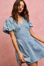 SO ME Denim Dress V-Neck Light Blue Casual Mini Short Baloon Sleeves