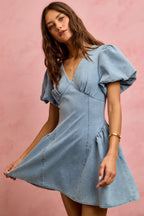 SO ME Denim Dress V-Neck Light Blue Casual Mini Short Baloon Sleeves
