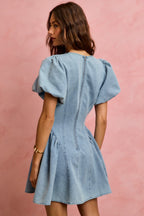 SO ME Denim Dress V-Neck Light Blue Casual Mini Short Baloon Sleeves